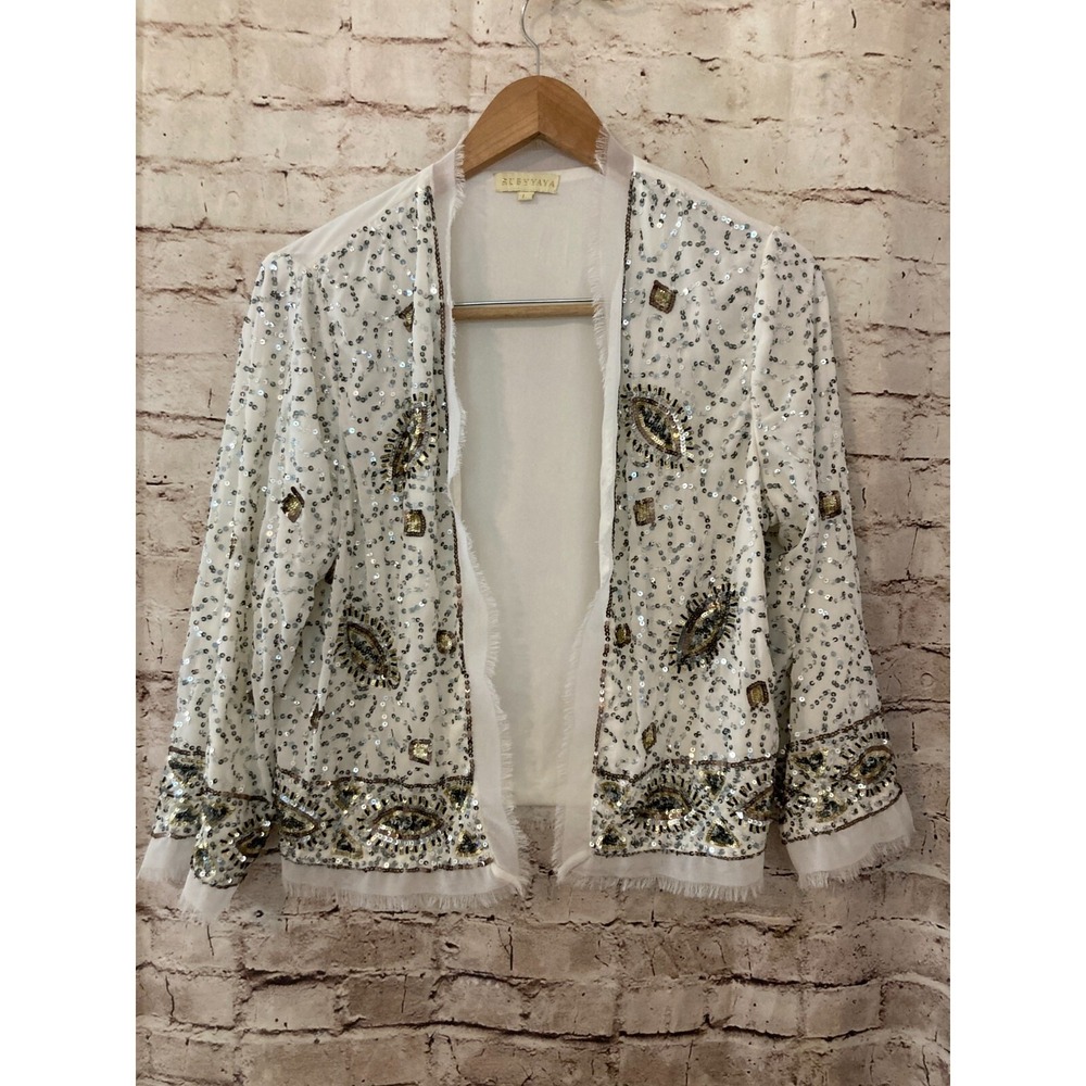 Ruby Yaya Top Womens Large White All Over Sequin Open Front Fringe Trim Boho